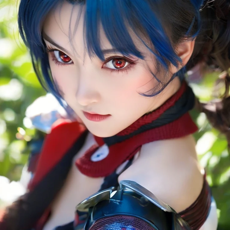 Live-action adaptation of anime, One woman photo, Portrait, Real women, Perfect dark blue hair, Red eyes, Red Eyes, Japanese