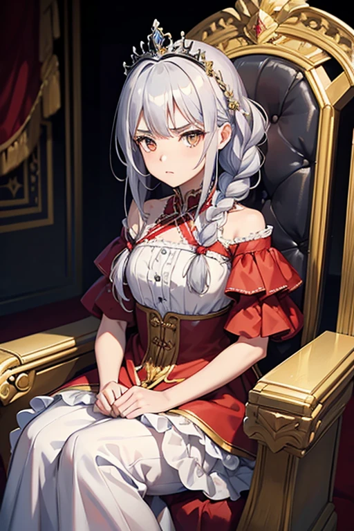 masterpiece, highest quality, High resolution, 8-year-old girl、Golden Eyes、
Silver Hair,  A little angry、Braiding、Crimson frill dress, Clothes with puffy shoulders、Long skirt、Tiara on head、royal palace、Sitting on the throne、Medieval knights are lined up in the background.