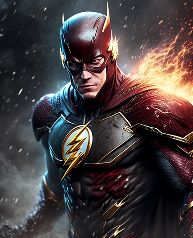 The flash in justice league Close-up (Flash from DC in Viking style: 1.3) emerging from wet black mud, extremely detailed, smoke, sparks, metal shavings, flying debris, volumetric light