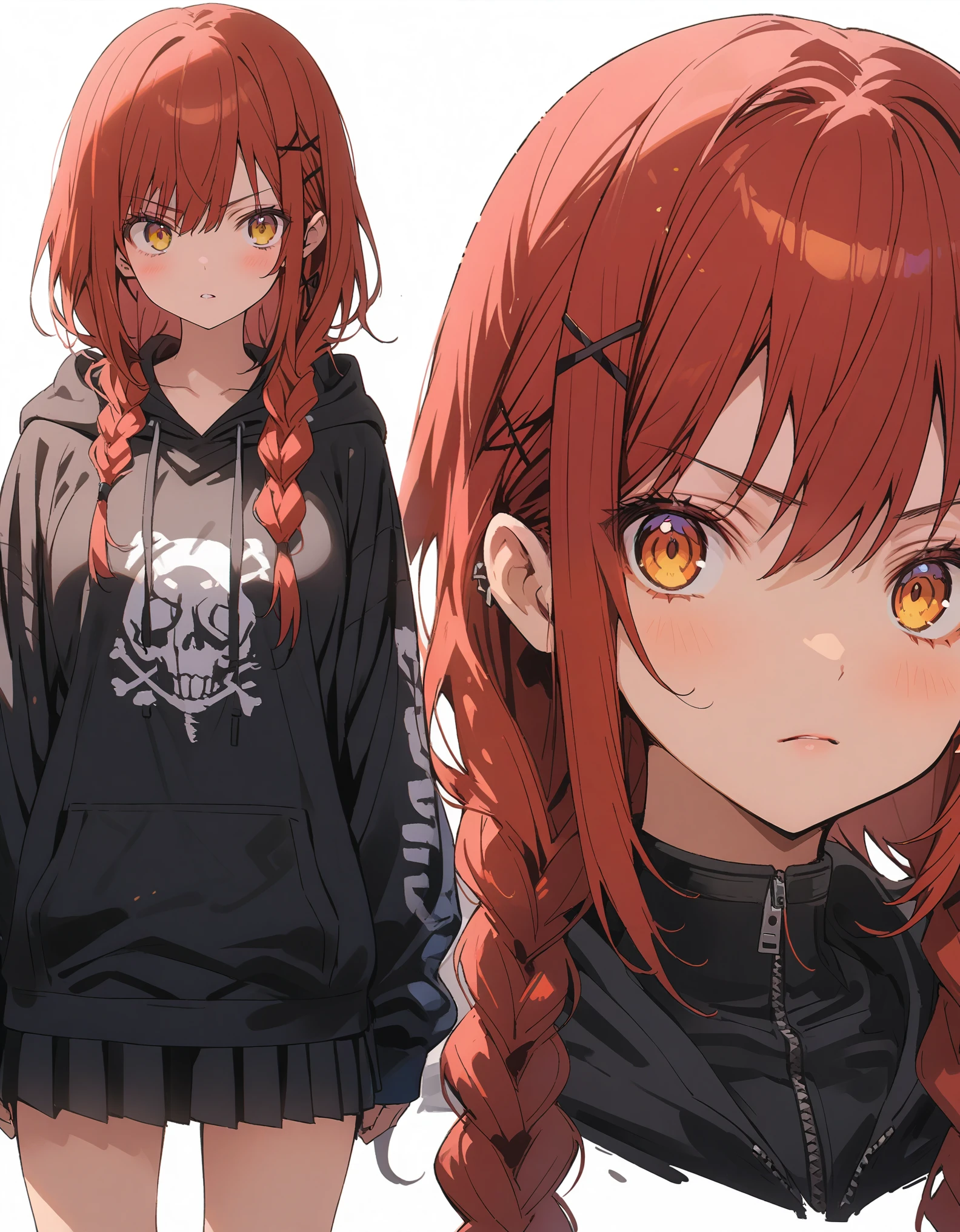 <lora:edgBoneHoodies:1> hoodie, edgBones, a woman in a hoodie, skeletal bones, wearing edgBones,, ultra detailed, masterpiece, best quality, aesthetic, detailed,, solo, 1girl, red hair, orange eyes, amber eyes, swept bangs, parted bangs, <lora:LowTwintailsHelper:1> low twintails,
short hair, medium hair, small breasts, <lora:Tsurime3:1>, (tsurime:1.2),