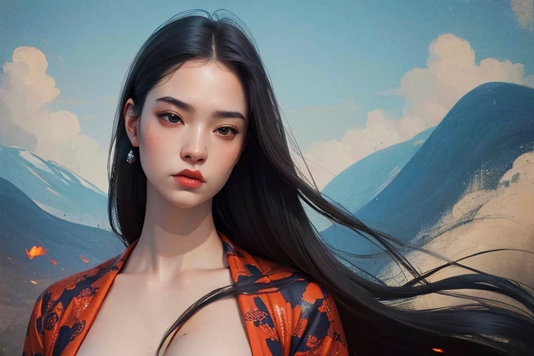 max ernst, a Korean beautiful girl,luxury brand fashion,long hair,murder,shibari,red Electric super car,acrylic painting,future world,René Magritte, pink black panty,cool illustration.small clouds,brown hair