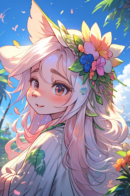 Monet style , closeup face , (Precision depiction face) , pig aunt , round face , (tilt face:1.2) , oily body , Swollen cheeks , glossy lips , euphoria smile , long hair , Sidelong glance , back shot , (Hair fluttering in the wind:1.8) , (Vivid tropical flowers scatter)