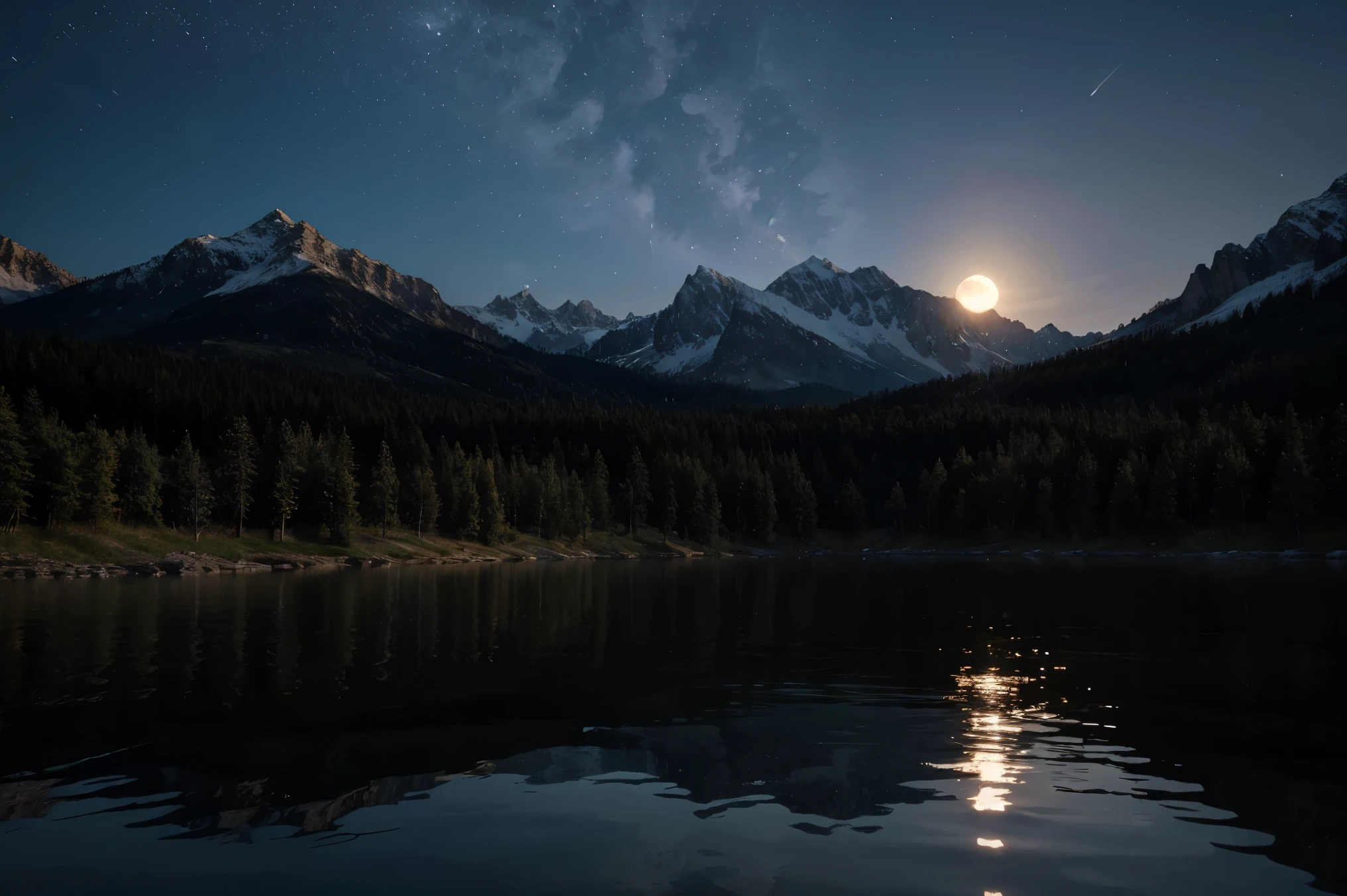 Moon night background with beautiful lake wallpaper, highly detailed, realistic 8k full HD.