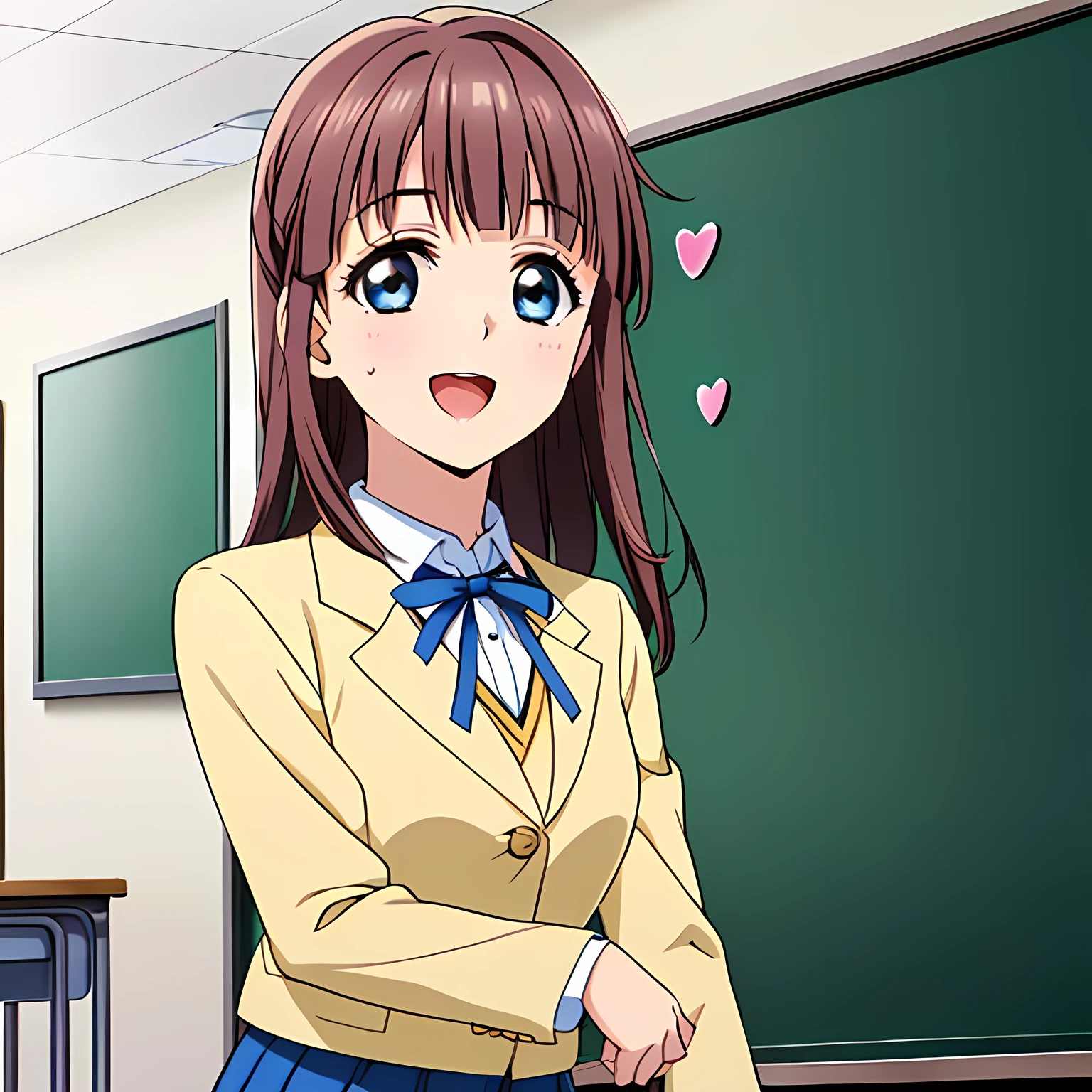 highest quality, (masterpiece:1.2), Very detailed, Game CG, (((Very beautiful girl in school uniform1A fashion model is drawing a heart symbol on a blackboard while looking at the board))), ((The girl everyone loves)), (((Brown and very shiny short bob hair))), (((Navy blue blazer))), ((Navy blue pleated long skirt)), ((((Very beautiful and shining eyes)))), ((Very long eyelashes)), A large crimson ribbon on the chest, ((An elegant expression like a noble princess)), (((A beautiful and enchanting smile))), Small face and great posture, ((Heavenly happiness)), (((The background is a school classroom with the wind blowing))), ((Very intelligent face)), ((Anime heroine smiling and open mouth)), ((Shooting from the side))