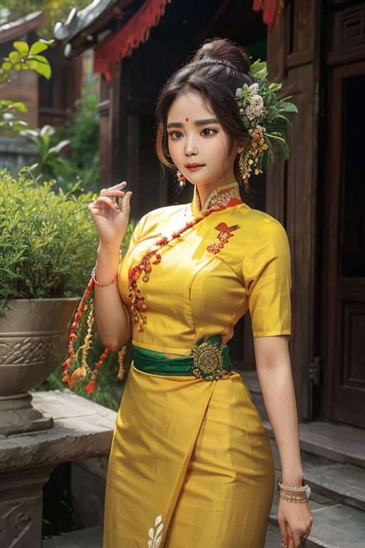 A graceful lady stands before the viewer, adorned in a traditional Myanmar outfit that reflects the rich cultural heritage of the country. Her attire consists of a vibrant and intricately woven longyi, a traditional skirt worn by women in Myanmar, paired with a matching blouse. The longyi features colorful patterns and motifs that represent the unique traditions and customs of Myanmar. The blouse is elegantly designed, complementing the longyi and enhancing the lady's beauty. She wears traditional jewelry, such as gold earrings and bracelets, adding a touch of elegance and sophistication to her ensemble. Her hair is styled in a traditional manner, with intricate braids and adorned with flowers or accessories. The setting is chosen to reflect the beauty of Myanmar, such as a serene temple courtyard or a lush green landscape. This scene is captured in a respectful and appreciative manner, showcasing the lady's traditional Myanmar outfit and celebrating the cultural richness of the country