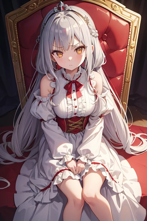 masterpiece, highest quality, High resolution, 8-year-old girl、Golden Eyes、
Silver Hair, A little angry、Braiding、Crimson frill dress, Clothes with puffy shoulders、Long skirt、Tiara on head、royal palace、Sitting on the throne、Medieval knights are lined up in the background.