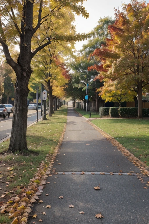 footpath near bus stop, autumn leaf