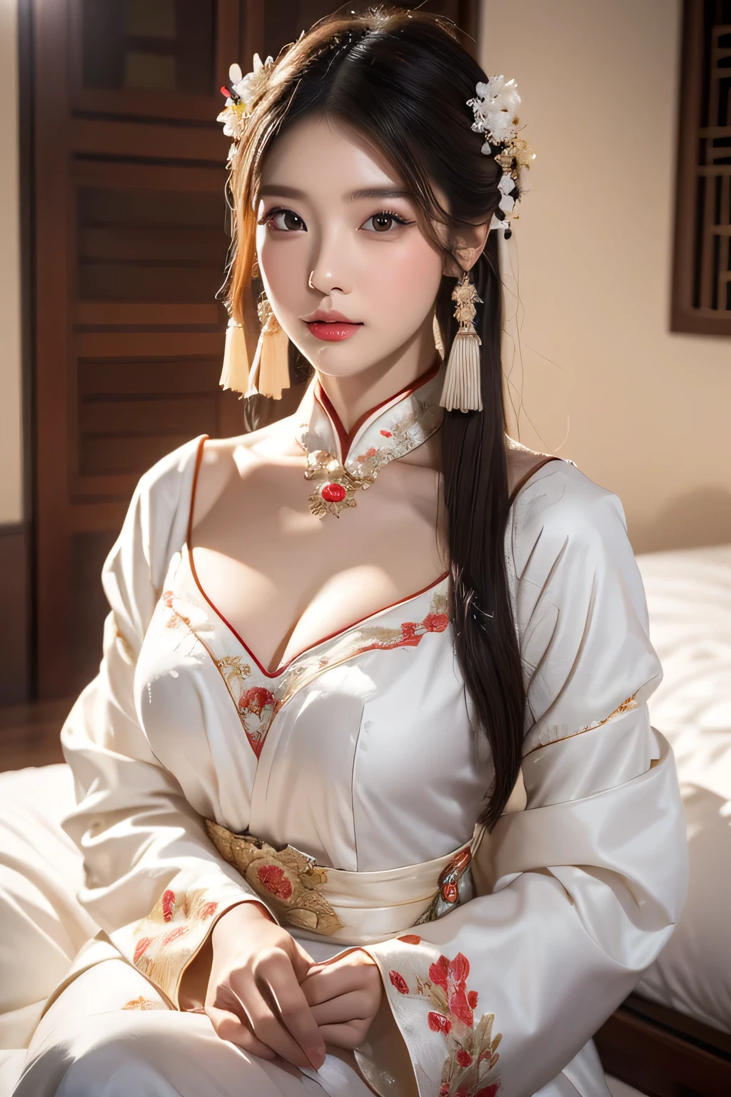 High-quality work,Realistic works,Super premium graphics,8K HD CG works,high quality graphics,High-definition and exquisite CG works,10x pixels,Ultra-fine details:1.1,Advanced technical details:1.1Realistic photo effects,Interior lighting effects:1.5,natural soft light:1.5. Light effect(Virtual light effects:1.8),ultra high resolution,shining dress,sliver long hair,silber hair,transparenthair,high detailed hair(Quality hair details:1.1)Clear eyes,Double eyelids look good,Sharp eye makeup, Create exquisite eyelash makeup, tthin eyebrows, Ultra-detailed eyes,a tall nose, lovely red lips, rosey cheeks, With delicate makeup on her face , pretty face, The face shape is perfectly proportioned,(Advanced facial details:1.1)araffe asian woman in a white dress sitting on a bed, cheongsam, gorgeous chinese model, chinese dress, chinese style, a beautiful fantasy empress, palace , a girl in hanfu, with acient chinese clothes, white hanfu, chinese girl, beautiful character painting, chinese costume,,Women's artwork,Dress full body video,Realism,Amazing Cleavage,My eyes are very bright today