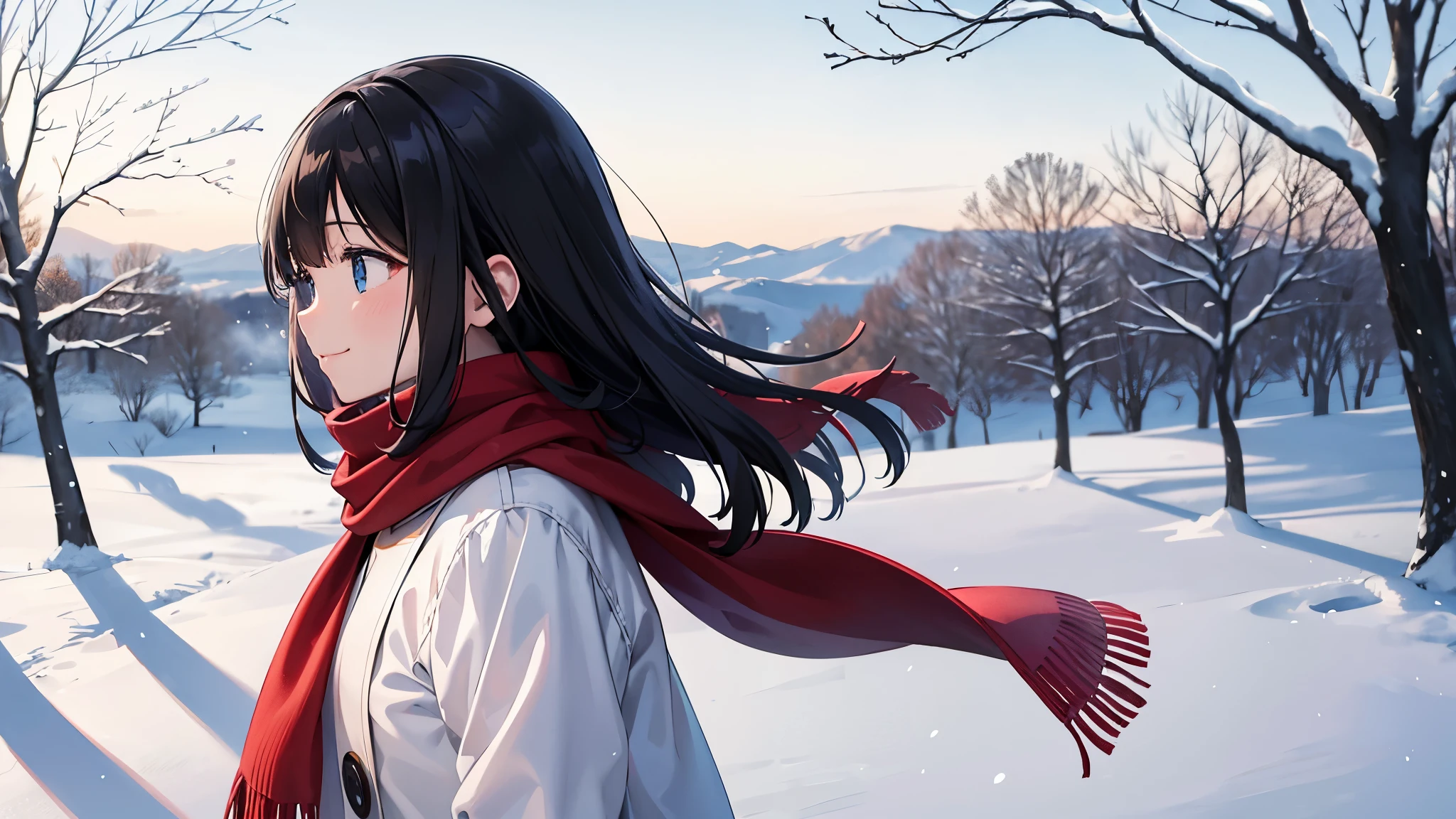 On a clear winter day with falling snow、With her red scarf fluttering in the wind、Profile of a young woman looking up at the sky and smiling。Black Hair。In the background, a snowy landscape and bare trees are painted in soft, pale pink and blue tones.々There is。Characterized by dreamy, soft light and shadow。