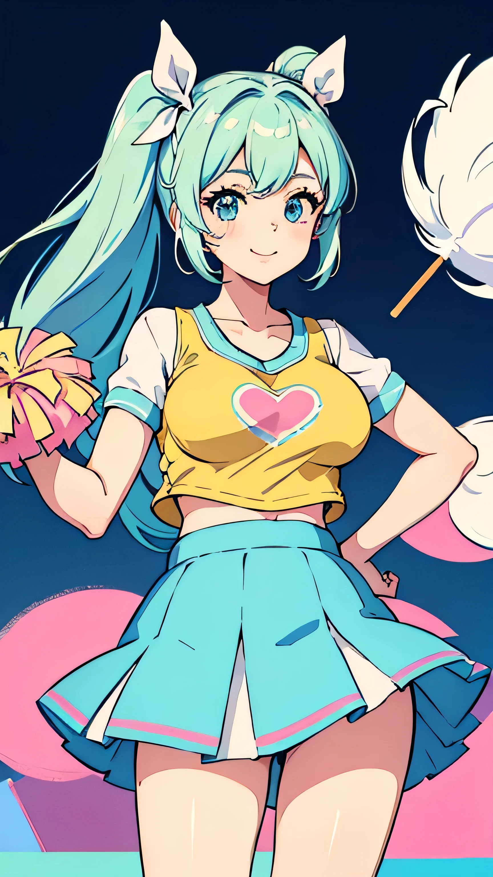 masterpiece, highest quality, Pop illustrations, Pop colors, Pastel Tones, pastel colour,Big Breasts,Cheerleader,Miniskirt,smile