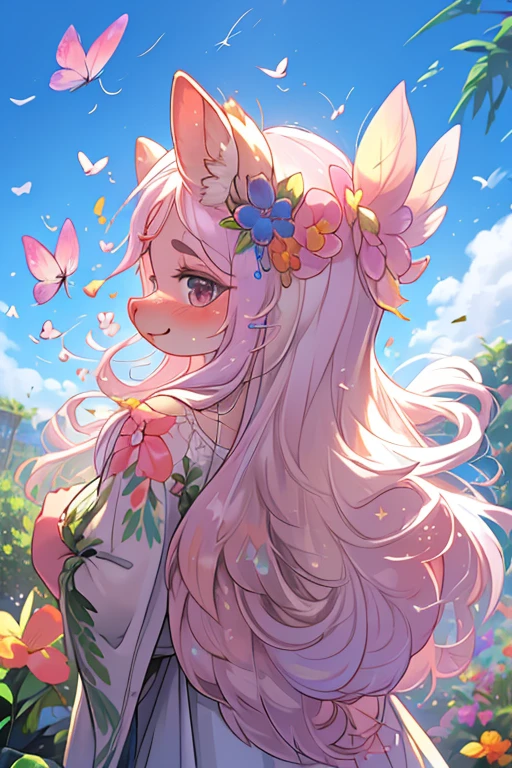 Monet style , closeup face , (Precision depiction face) , (pig aunt) , round face , (tilt face:1.2) , oily body , Swollen cheeks , glossy lips , euphoria smile , long hair , Sidelong glance , back shot , (Hair fluttering in the wind:1.8) , (Vivid tropical flowers fluttering down)