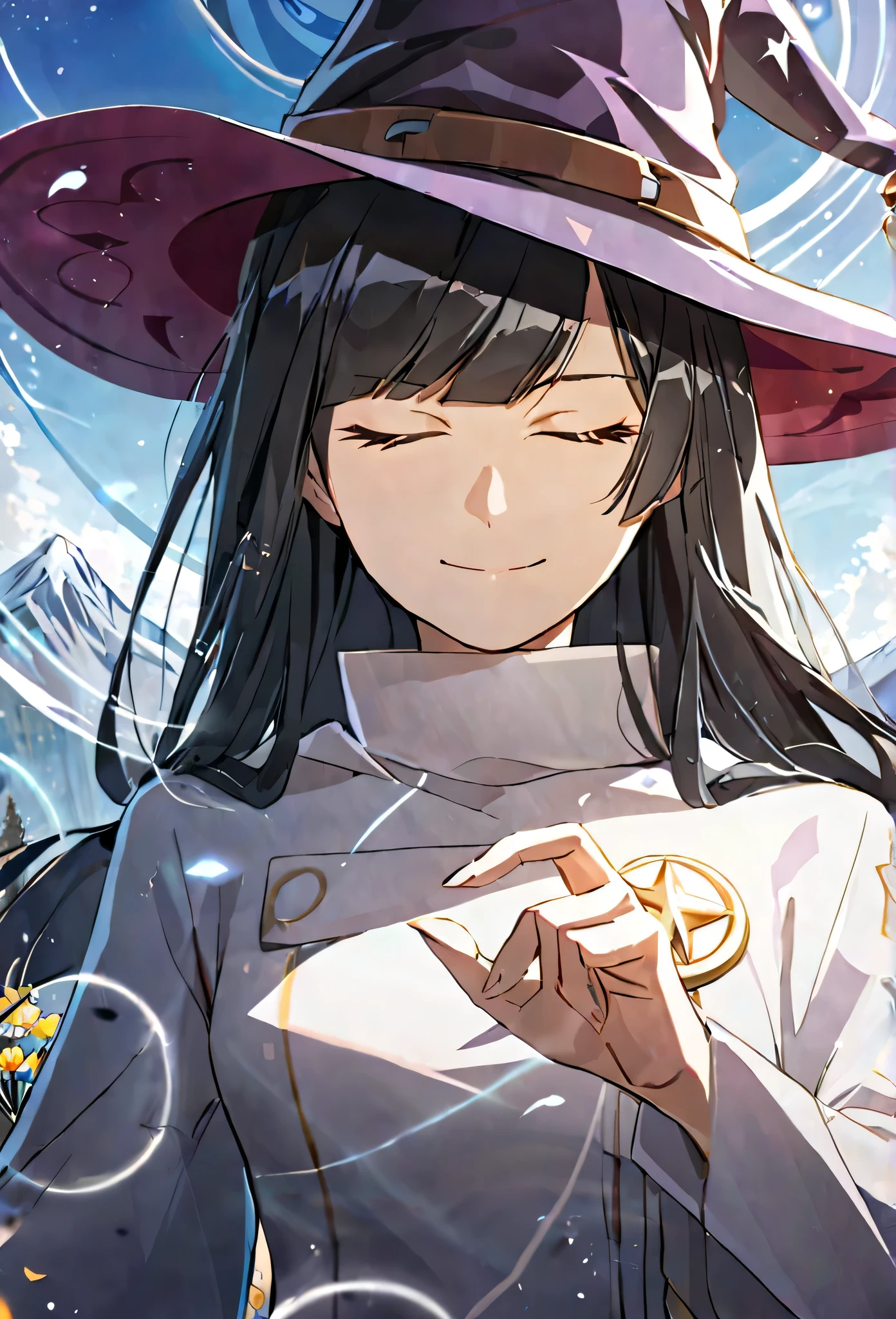 masterpiece,best quality, solo, eda, bangs, black hair, white clothes, upper body, white flower,blue sky,cloud, she was wearing witch outfit, mountains background, witch suit, white dress, witch hat, she is a cosmic witch, smiling, closed mouth, calm, confident , cool, she is using her mystic powers, her dress is grey, she is fighting someone, closed eyes, she is using mystic arts, she is using hand signs