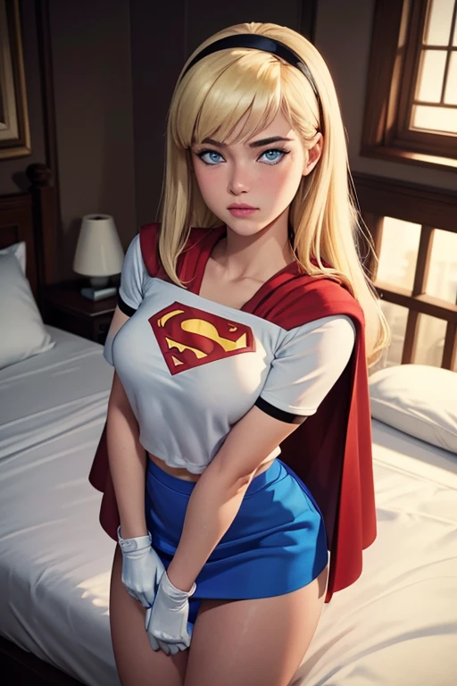 Masterpiece, raw, beautiful art, professional artist, 8k, very detailed face, very detailed hair, 1girl, Supergirl (blonde hair, long hair, hairband, blue eyes, gloves, red cape, short tight blue skirt, white shirt), lying on her bed in the Watchtower, hot, horny, aroused, blushing, her hands exploring her body, thinking of her girlfriend, missing her lover, camera from above, no labels, no branding, perfectly drawn body, beautiful face, very detailed eyes, rosey cheeks, intricate details in eyes, puckered lips, perfect fit body, beautiful body, extremely detailed, intricate details, highly detailed, sharp focus, detailed skin, realistic skin texture, texture, detailed eyes, high resolution, kodak vision color, foto_\(ultra\), post-processing, maximum detail, roughness, real life, ultra realistic, photorealism, photography, absurdres, RAW photo, highest quality, high detail RAW color photo, professional photo, extremely detailed UHD 8k wallpaper unit, best quality, highres, (masterpiece, top quality, high resolution:1.4), photo, cinematic, film grain, sharp, soft natural light, magic photography, super detailed