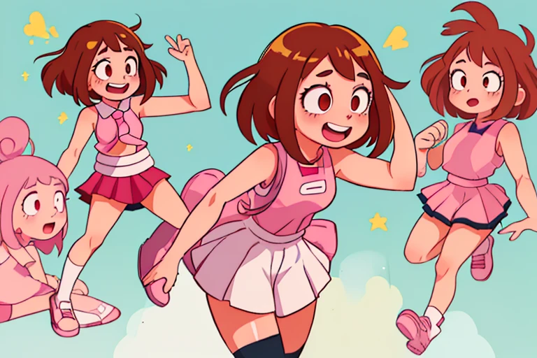 Ochako Uraraka From My Hero Academia Wearing white sleeveless shirts and a pink miniskirt at recess