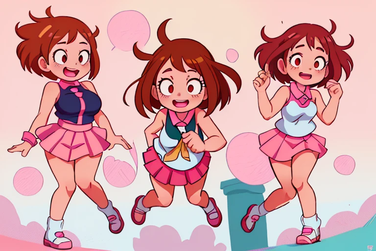 Ochako Uraraka From My Hero Academia Wearing white sleeveless shirts and a pink miniskirt at recess