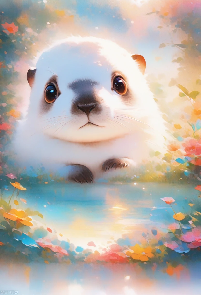 style, Vibrant colors, Dreamy atmosphere, Layered composition, Intricate details, Warm rural background,(Otter Close-up, Fluffy,solitary, big eyes,best quality,Ultra Detailed,Reality), Soft texture, Comfortable atmosphere, Tranquil garden background, Vibrant colors, Warm lighting