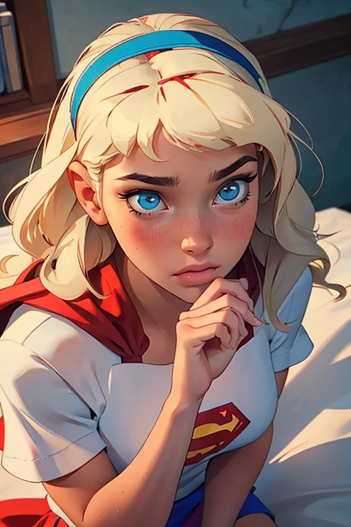 Masterpiece, raw, beautiful art, professional artist, 8k, very detailed face, very detailed hair, 1girl, Supergirl (blonde hair, long hair, hairband, blue eyes, gloves, red cape, short tight blue skirt, white shirt), lying on her bed in the Watchtower, hot, horny, aroused, blushing, her hands exploring her body, thinking of her girlfriend, missing her lover, camera from above, no labels, no branding, perfectly drawn body, beautiful face, very detailed eyes, rosey cheeks, intricate details in eyes, puckered lips, perfect fit body, beautiful body, extremely detailed, intricate details, highly detailed, sharp focus, detailed skin, realistic skin texture, texture, detailed eyes, high resolution, kodak vision color, foto_\(ultra\), post-processing, maximum detail, roughness, real life, ultra realistic, photorealism, photography, absurdres, RAW photo, highest quality, high detail RAW color photo, professional photo, extremely detailed UHD 8k wallpaper unit, best quality, highres, (masterpiece, top quality, high resolution:1.4), photo, cinematic, film grain, sharp, soft natural light, magic photography, super detailed