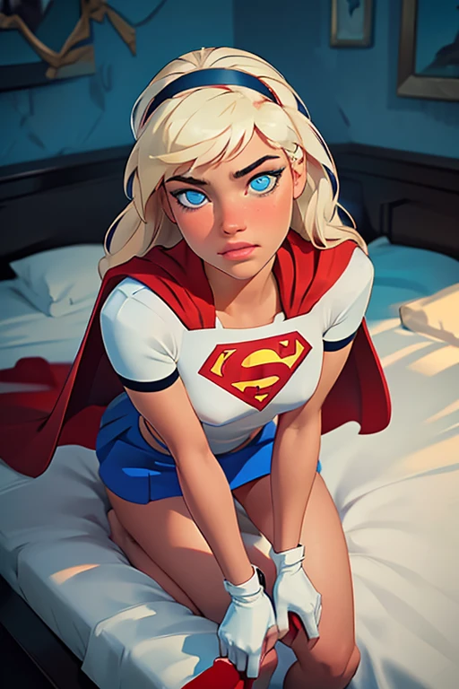 Masterpiece, raw, beautiful art, professional artist, 8k, very detailed face, very detailed hair, 1girl, Supergirl (blonde hair, long hair, hairband, blue eyes, gloves, red cape, short tight blue skirt, white shirt), lying on her bed in the Watchtower, hot, horny, aroused, blushing, her hands exploring her body, thinking of her girlfriend, missing her lover, camera from above, no labels, no branding, perfectly drawn body, beautiful face, very detailed eyes, rosey cheeks, intricate details in eyes, puckered lips, perfect fit body, beautiful body, extremely detailed, intricate details, highly detailed, sharp focus, detailed skin, realistic skin texture, texture, detailed eyes, high resolution, kodak vision color, foto_\(ultra\), post-processing, maximum detail, roughness, real life, ultra realistic, photorealism, photography, absurdres, RAW photo, highest quality, high detail RAW color photo, professional photo, extremely detailed UHD 8k wallpaper unit, best quality, highres, (masterpiece, top quality, high resolution:1.4), photo, cinematic, film grain, sharp, soft natural light, magic photography, super detailed