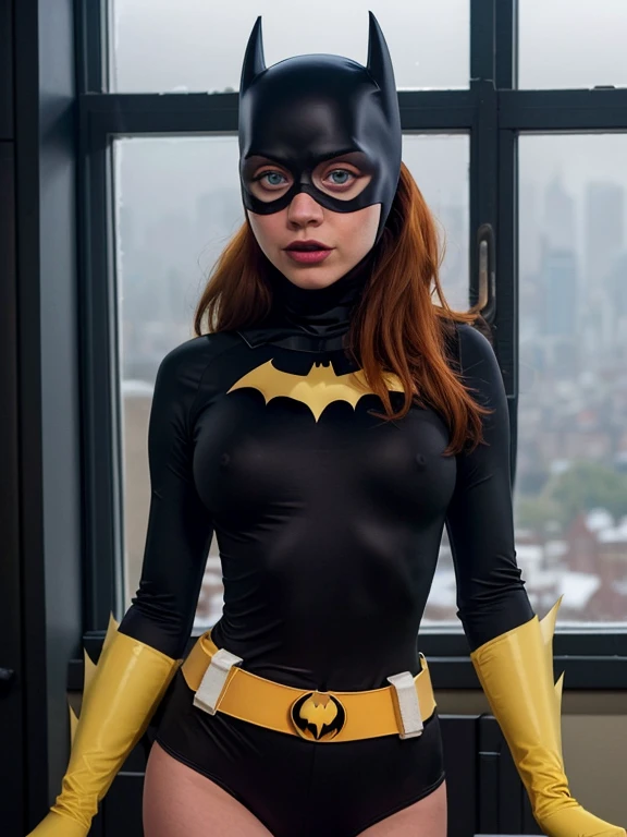 score_9, score_8_up, score_7_up, score_6_up, 1girl, solo, batgirl is exercising in gym, mask, black lips, red hair, belt, torn bodysuit, black bodysuit, sideboob, pointy breasts, cape, yellow gloves,in windowviewof gotham city, red sky, dirigible, (icy blue eyes) thin beautiful nose,