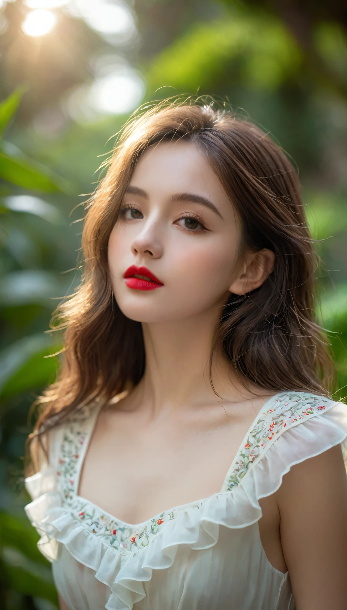 Lindsgnar, (Clear focus: 1.5), (Clear focus:1.2), photo, Attractive young woman, (Pretty Face:1.1), Delicate eyes, Sweet lips, (Bold red lip color:0.85), (Medium breasts:1.0), (slim:1.2), Wear (1980s Ruffle Dress:1.2) in a (Botanical Gardens:1.2). (Mood lighting:1.2), Depth of Field, Bokeh, 4K, HDR. go through (James C. Christensen:1.2|Jeremy Lipkin:1.1).