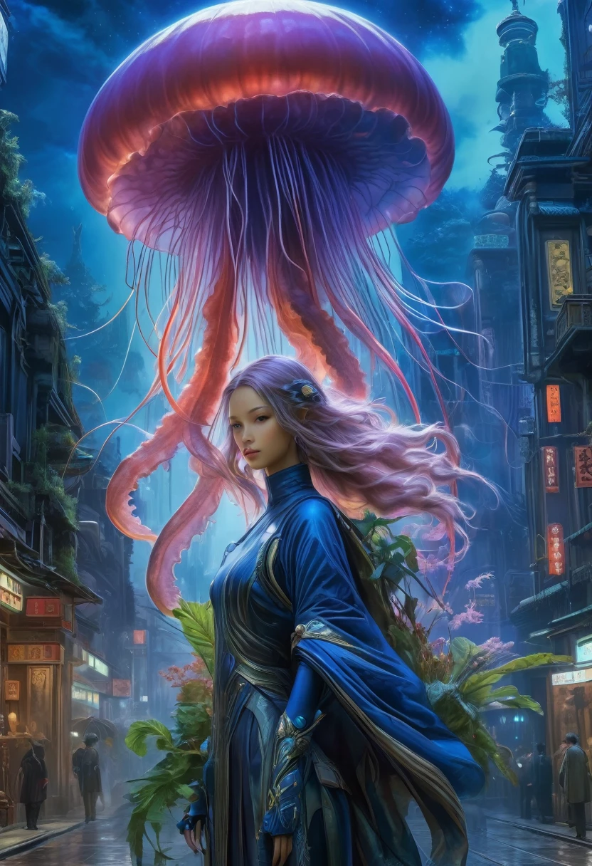 best quality,4k,8k,highres,masterpiece:1.2,ultra-detailed,realistic:1.37,HDR,UHD,studio lighting,ultra-fine painting,sharp focus,physically-based rendering,(Yoshitaka Amano style:1.1),SFW,(safe for work), A 30 years old woman and her guardian familiar, mystical creature,otherworldly creature,enchanting companions,wearing stylish futuristic clothes,inspired by Phantasy Star Online,action shot, (The woman, with her eyes brightly colored, no makeup and her Indian facial features elegantly detailed, adding to her allure. Dressed in elegant casual clothes with a stylish futuristic jacket.), (She is accompanied by a guardian, a jellyfish and fungi mixed creature with exquisite features resembling a lovecraftian cosmic horror. The creature's presence adds a sense of wonder and magic to the scene.), (The woman and her companion stand in a dark and gothic city, a modern metropolis with surreal plants, and vibrant signs. The colors are vibrant, with a mixture of dark blues, olive, and pale reds creating a dreamlike atmosphere.), (The lighting is soft but illuminating, casting a gentle glow on both the woman and the creature.), (The overall composition has a realistic and photorealistic quality, capturing the essence of the scene in intricate detail.), (The art style is inspired by Yoshitaka Amano, known for his ethereal and otherworldly illustrations. The combination of realistic elements with the artist's unique style creates a captivating and visually stunning image.),Greg Rutkowski