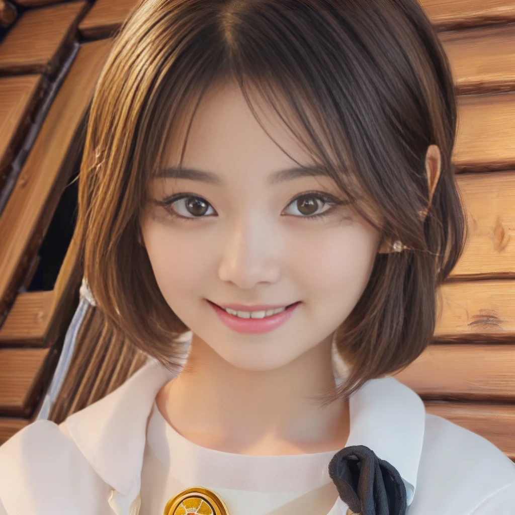 (anime,portrait,highly-detailed,photorealistic:1.2,best quality,4k,8k,highres,masterpiece:1.2), (ultra-detailed, realistic, photorealistic:1.37), (portrait of a young smiling Japanese girl with an innocent and super ultra cute expression, photorealistic style:1.2), (Close-up of her eyes with perfect, clear and beautiful details:2.0), (her eyes are extremely enchanting:1.5), (her baby-like face is exquisitely detailed, showing every fine feature:1.5), (She has a no makeup look, and her short hair:1.5), (neatly-styled hair enhances her charm:1.0), (She is dressed in a cabin attendant costume:2.0), (looking both professional and captivating:1.5), (her radiant smile exudes joy and warmth:1.0), (the sunlight gently illuminates her face, casting a gentle and warm lighting:1.25), the colors are vibrant, enhancing the overall vibrancy of the portrait:1.0.(She's on a spaceship:1.5)
