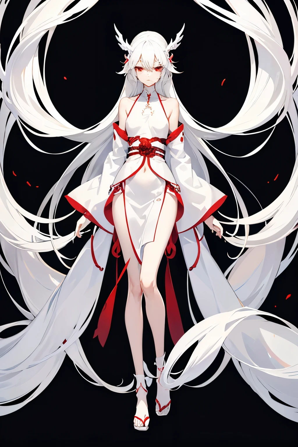 Character design, female, long white hair, wearing a white silver kimono, red eyes, small frame, very skinny, detailed, best quality, no accesoires around the neck, prominent collarbones, skinny arms, flat stomach, full body, visible hip bones, angelic