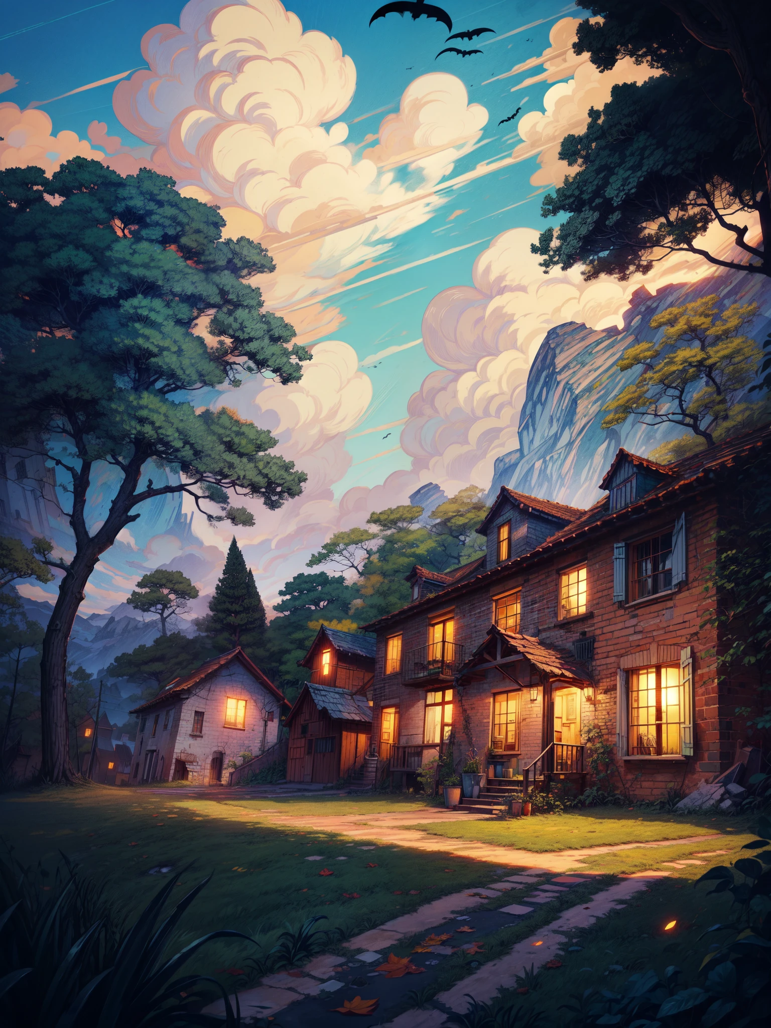 wide view, ((a brick making factory)), slanting roof, strairs, long grass, (spooky spirits in the sky:1.2), granite cliff, tropical vibe, leafless trees, dried leaves fallen, heap of leaves, vibrant tones, shining clouds, evening time, thick lines, cozy tones, beautiful sky, ghibli style, outdoors, cozy atmosphere, micro landscape, intrinsic details