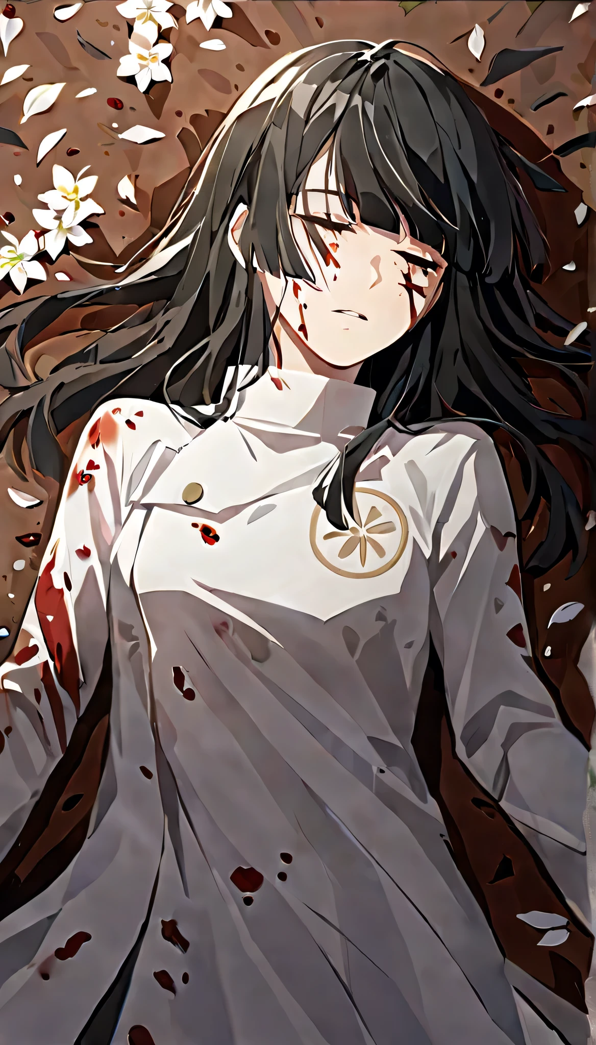 masterpiece,best quality, solo, eda, bangs, black hair, white clothes, white flowers,cloud, she is wounded, she is badly hurt, she is on the ground , she is sad, she is lying on the ground, she died, she is dead, top view, lots of blood, badly wounded