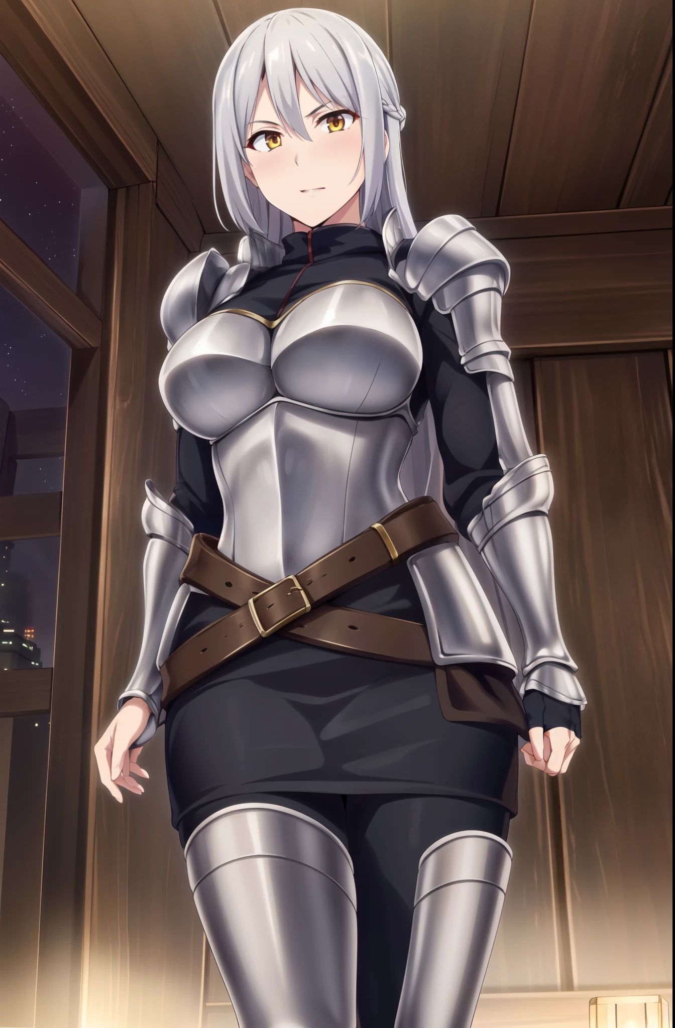 (Night:1.7), Japan, Tokyo, CityView, Before Window,
Standing at attention, gauntlet, 
black skirt, ,armor,shoulder armor, armored dress, armored boots, 
silver_hair,Long_hair,Bangs,Orange_eyes,braid,
1 girl, 20yo,mature female,Beautiful Finger,Beautiful long legs,Beautiful body,Beautiful Nose,Beautiful character design, perfect eyes, perfect face,
looking at viewer, in the center of the image,
NSFW,official art,extremely detailed CG unity 8k wallpaper, perfect lighting,Colorful, Bright_Front_face_Lighting,
(masterpiece:1.0),(best_quality:1.0), ultra high res,4K,ultra-detailed,
photography, 8K, HDR, highres, absurdres:1.2, Kodak portra 400, film grain, blurry background, bokeh:1.2, lens flare, (vibrant_color:1.2)
(Beautiful,large_Breasts:1.4), (beautiful_face:1.5),(narrow_waist),