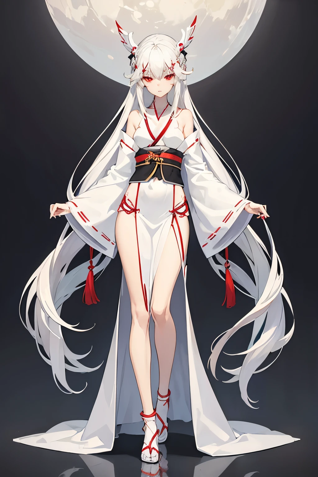 Character design, female, long white hair, wearing a white silver kimono, red eyes, small frame, very skinny, detailed, best quality, no accesoires around the neck, prominent collarbones, skinny arms, flat stomach, full body, visible hip bones, angelic