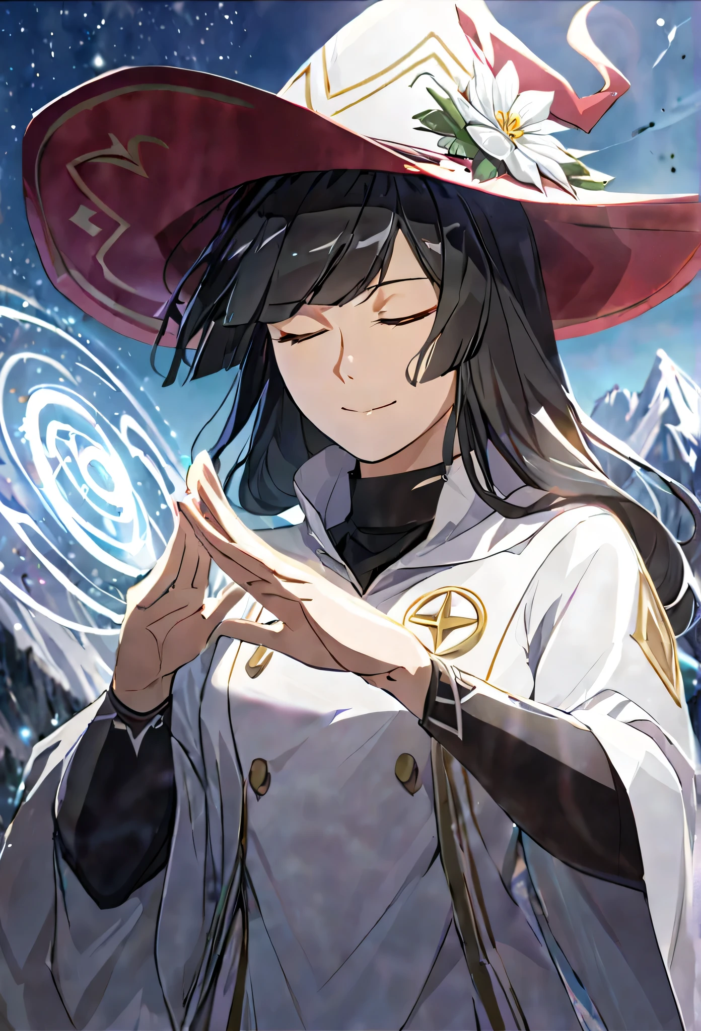 masterpiece,best quality, solo, eda, bangs, black hair, white clothes, upper body, white flower,blue sky,cloud, she was wearing witch outfit, mountains background, witch suit, white dress, witch hat, she is a cosmic witch, smiling, closed mouth, calm, confident , cool, she is using her mystic powers, her dress is grey, she is fighting someone, closed eyes, she is using mystic arts, she is using hand signs, detailed, high res, she is calm