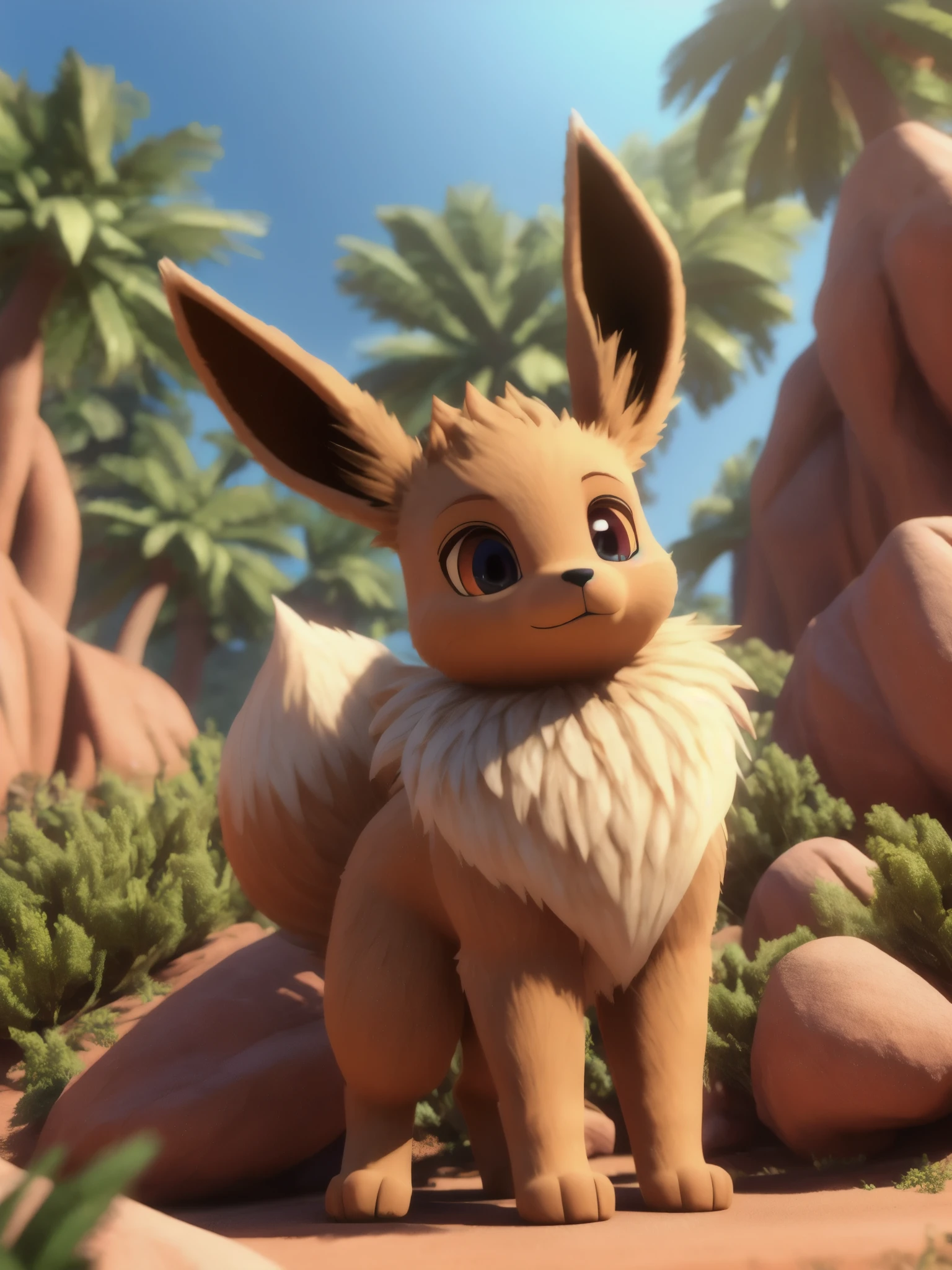 A lone (wild Eevee in the Red Cliffs), (three-quarter portrait),
with (exquisite fluffy fur), (basking in the sunny day forest, sunlight, plants),
taking a break,
(masterpiece, best quality, hyperrealistic, 4K, 2K, (inception-like nested details:0.9), (high detail:1.2),
(3D rendering:1.25), Blender (software), bokeh, ray tracing, (Unreal Engine:1.25), surreal)