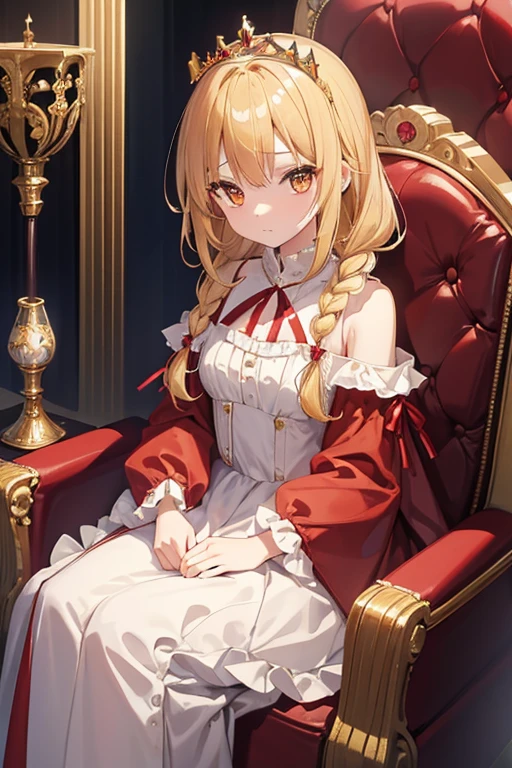 masterpiece, highest quality, High resolution, 8-year-old girl、Golden Eyes、
Blonde、sorrow、Braiding、Crimson frill dress, Clothes with puffy shoulders、Long skirt、Tiara on head、royal palace、Sitting on the throne、Medieval knights are lined up in the background.