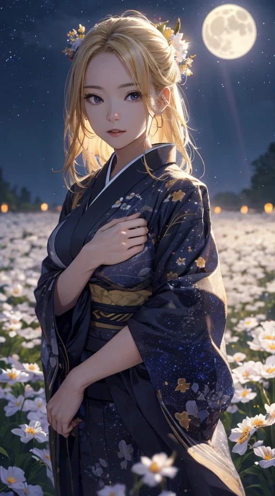 masterpiece, high quality, 4K, Beautiful design, silhouette，blonde， 非常に詳細な夜のStarry Sky,Flower Field， wonderful, Finer details,  Very knowledgeable woman, Highly detailed solo, 1 female,I like rumors，Big Breasts，kimono，Rainy night view，Starry Sky，full moon，