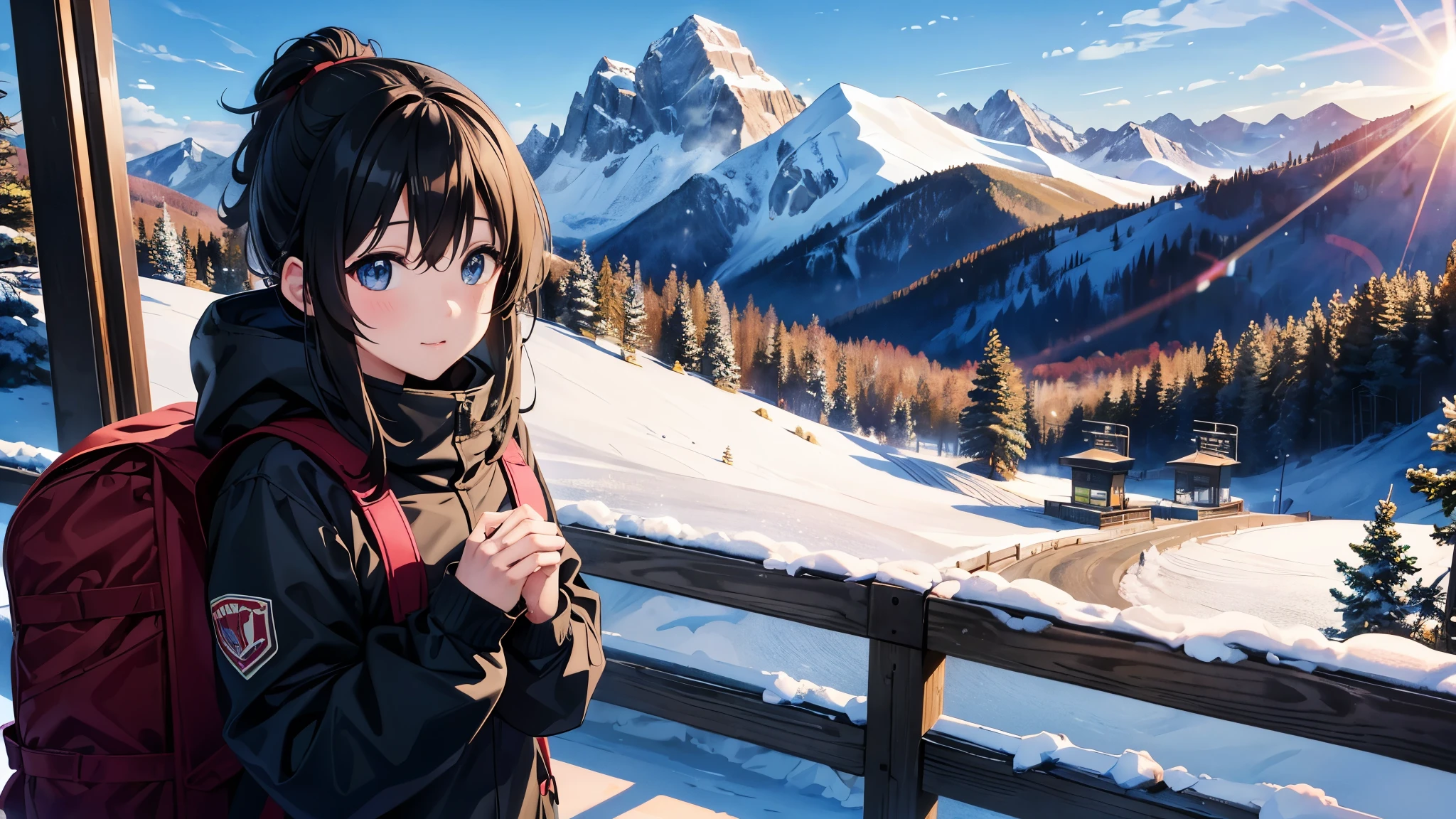 Winter early morning、Young woman taking a break at a ski resort。Hair is black。She was wearing a warm ski jacket and a backpack.、Breathing heavily, the sunlight hit the mountain.々Enjoying the view reflected in the。Snow-covered mountains in the background々and a ski lift、Other skiers can be seen around。The art style is anime-like.、The vivid colors evoke the vibrant morning sun and the cold air.。
