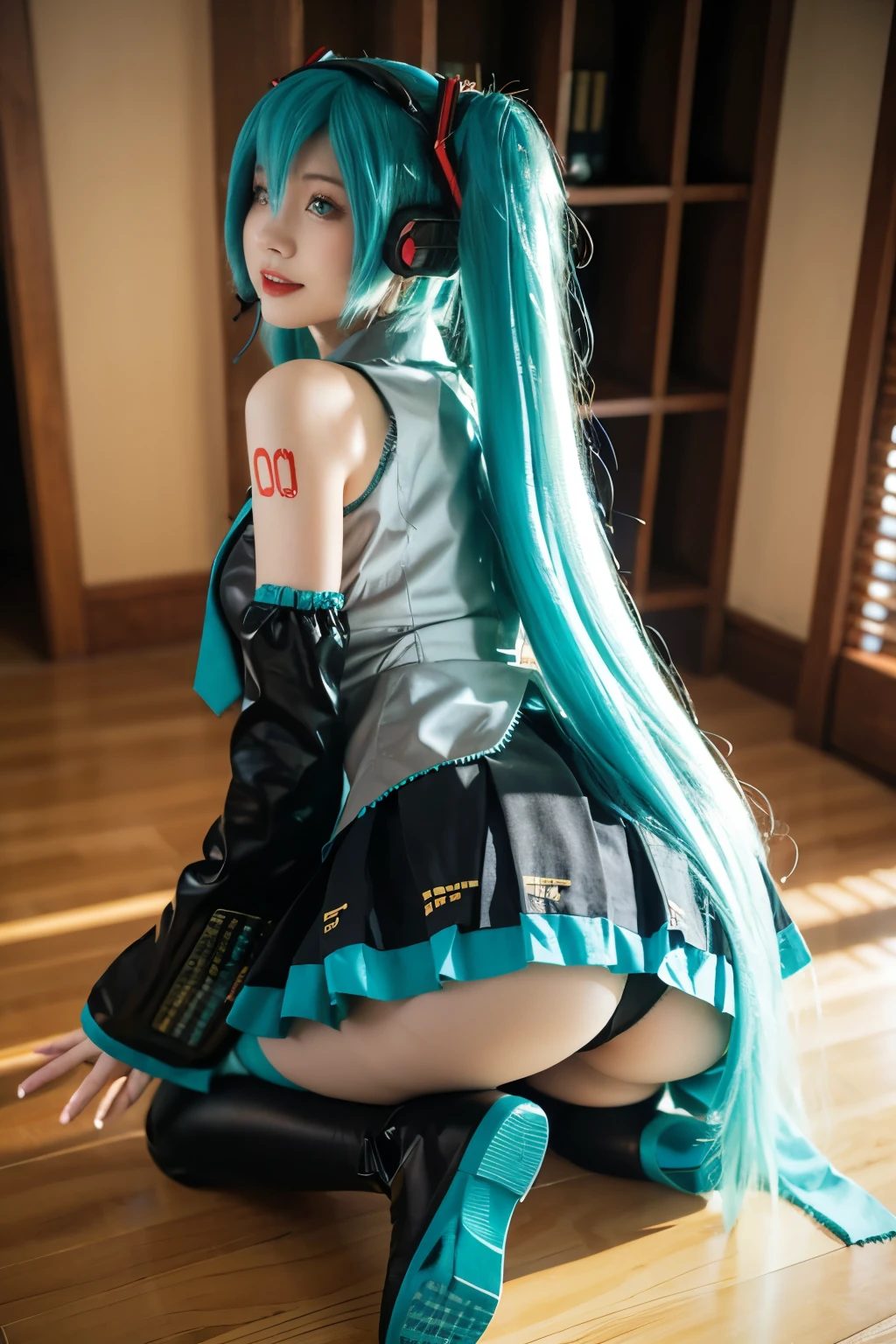 highest quality, masterpiece, Realistic, photoRealistic, One girl, alone,  Cowboy Shot, Hatsune Miku Cosplay costume, Hatsune Miku, Cosplay, Aqua Hair, Twin tails, Very long hair, hair ornaments, Headphones, headset, shirt, skirt, pleated skirt, tie, aqua tie, Removable sleeves, tattoo, Indoors On all fours、Ass