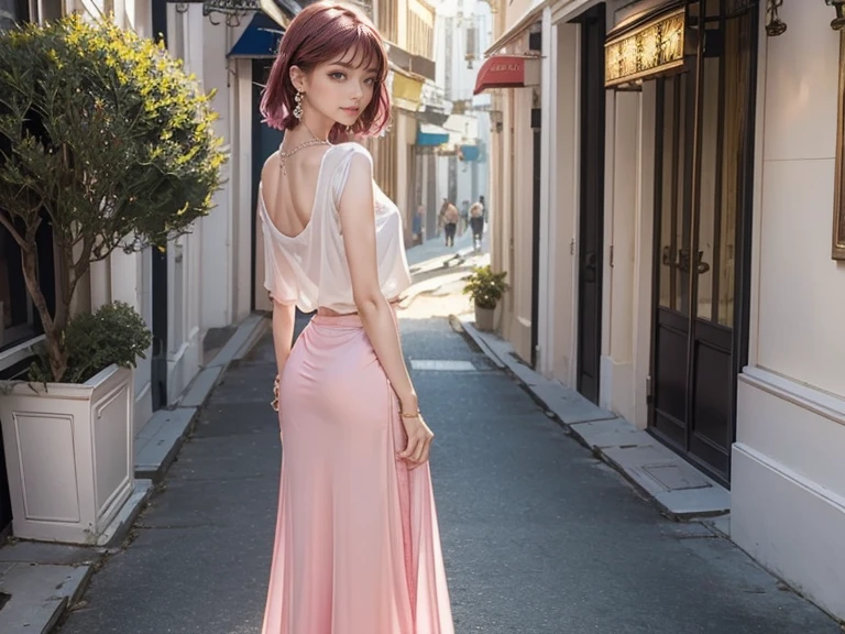 highest quality, Very detailed, masterpiece, 1 person,woman,(((完璧なwomanの体))),Very beautiful face, Very beautiful body,Gentle expression, Very beautiful eyes,(Perfect Makeup:1.1),Fashion Model, blunt bangs,Shaggy Hair,Red, pink and blue hair:1.3, Very thin body,Smart Abs, Chiffon blouse,Long skirt,anklet,Full body portrait,(White Background), (Shiny skin),(Earrings),(looking back:1.2)