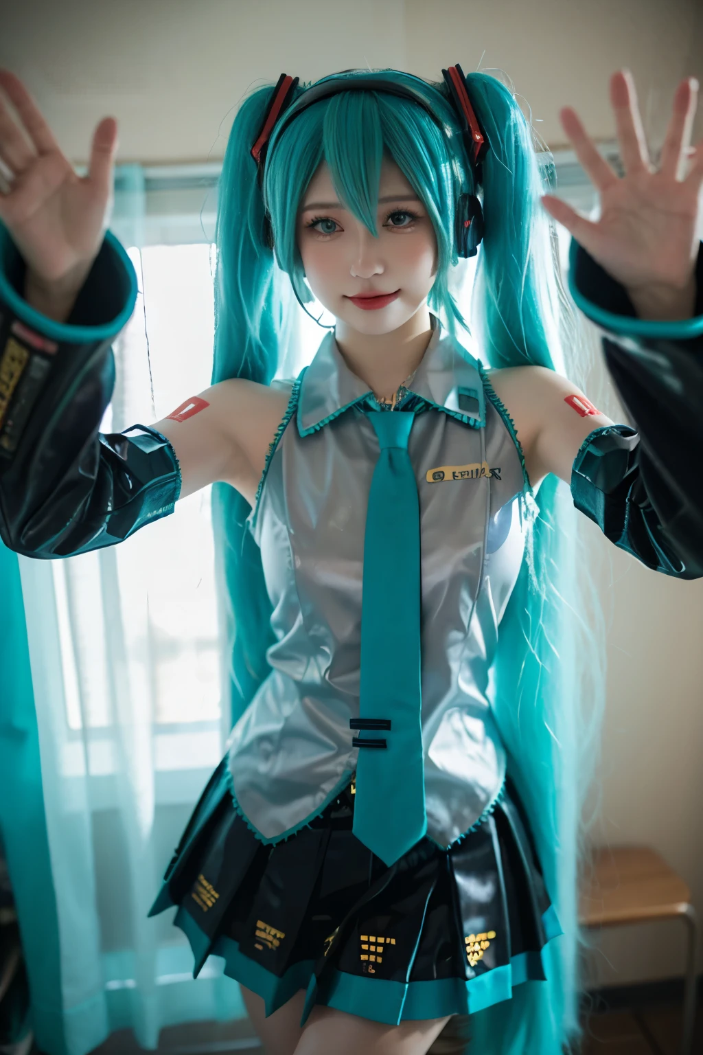 highest quality, masterpiece, Realistic, photoRealistic, One girl, alone,  Cowboy Shot, Hatsune Miku Cosplay costume, Hatsune Miku, Cosplay, Aqua Hair, Twin tails, Very long hair, hair ornaments, Headphones, headset, shirt, skirt, pleated skirt, tie, aqua tie, Removable sleeves, tattoo, Selfie