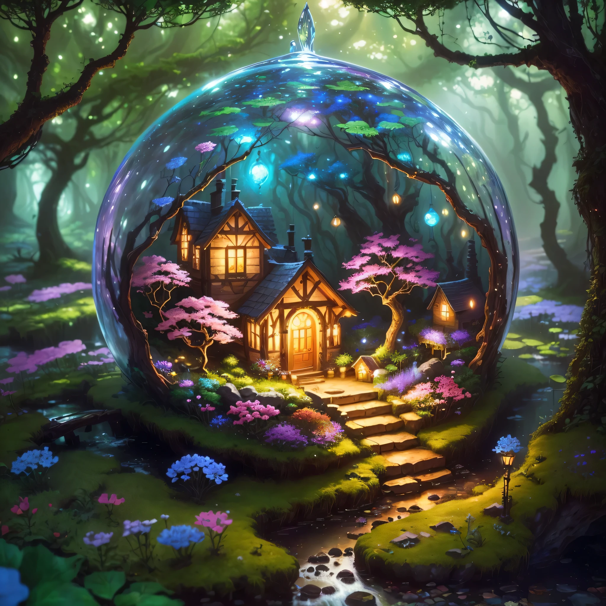 A painting,There is a house in a glass ball in the painting,A small stream runs through it, Magical environment, Whimsical fantasy landscape art, 8k high quality detailed art, enchanted Magical Fantasy Jungle, Detailed fantasy digital art, Magical Fantasy Jungle, Beautiful and detailed fantasy, Lovely and detailed digital art, 4K Fine Digital Art, 4k detailed digital art, Very magical and dreamy