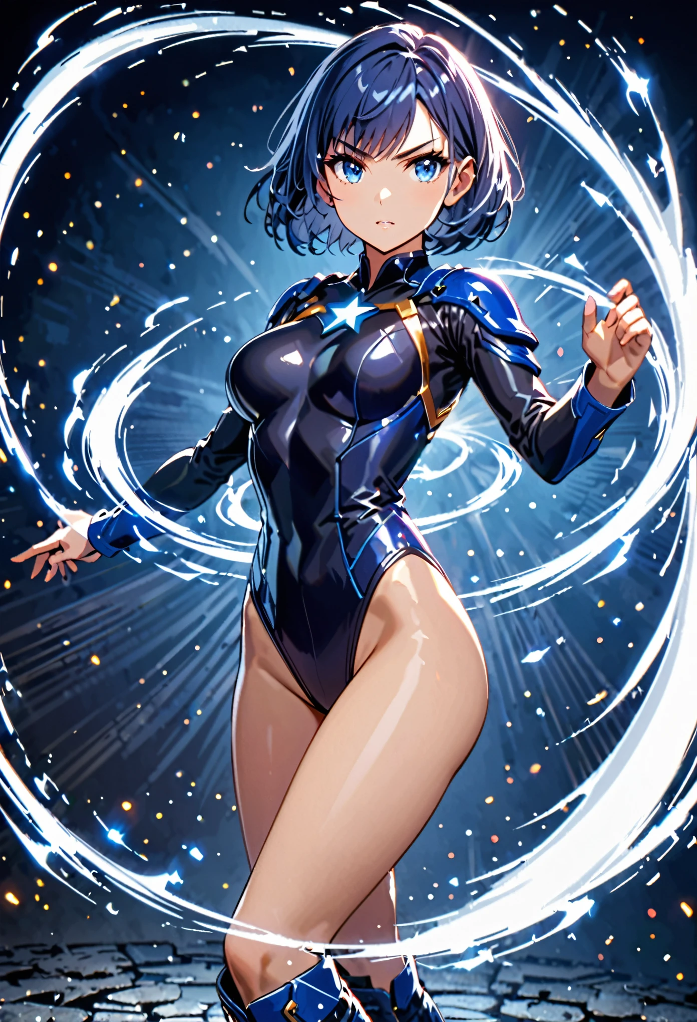 masterpiece, best quality, 1girl, superhero, ((leotard, dark blue leotard)), long sleeves, bare legs, boots, dark blue boots, matching boots, medium breasts, diffraction spikes, light particles, standing, standing straight, dark blue hair, ((short hair, bob hair)), blue eyes, beautiful detailed eyes, beautiful detailed face, cute face, (perfect hands, complete fingers, perfect anatomy, perfect proportions), heroic, ((star symbol on the chest)), serious, full body with costume, full body, cowboy shot, ((raised arms, spins fast in place like a tornado, she spins at an incredible speed, creating a whirlwind of air around her, cyclone spinning)), ((spiral lines, spinning energy pulse around her)). Curved Sword Slash.