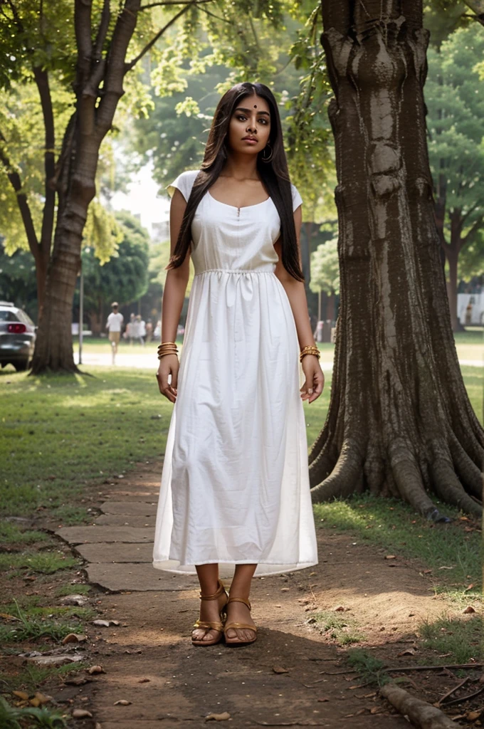 Beautiful Indian girl wearing white full slive long gaun dress, golden brown belly shoes, very long hair, wearing nose ring, black watch jn hand, rings in hands finger, standing beneath tree. Best quality illusion