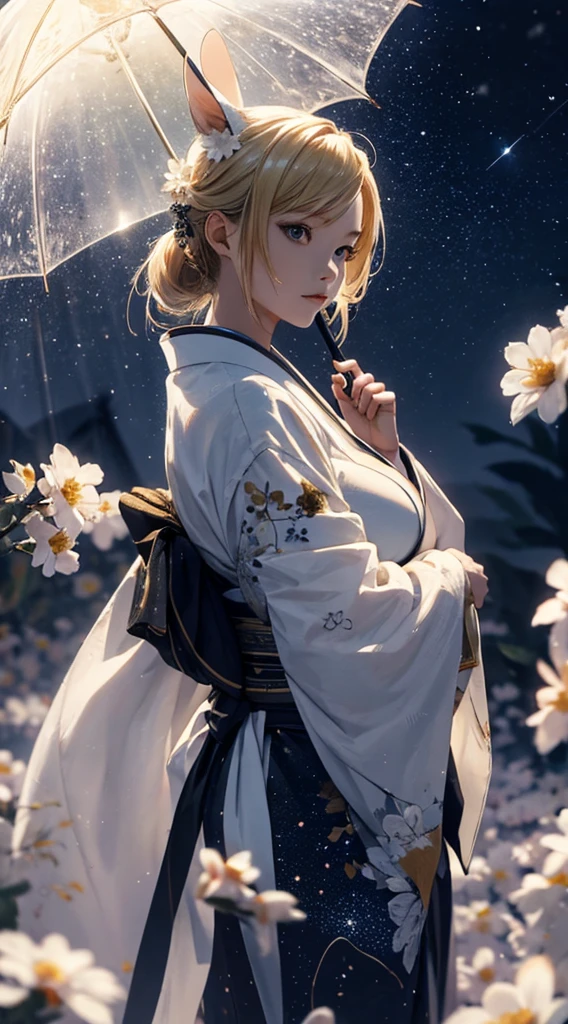 masterpiece, high quality, 4K, Beautiful design, silhouette，blonde， 非常に詳細な夜のStarry Sky,Flower Field， wonderful, Finer details,  Very knowledgeable woman, Highly detailed solo, 1 female,Bunny ears，Big Breasts，White kimono，Japanese Umbrella，rain，Night view，Starry Sky，full moon，