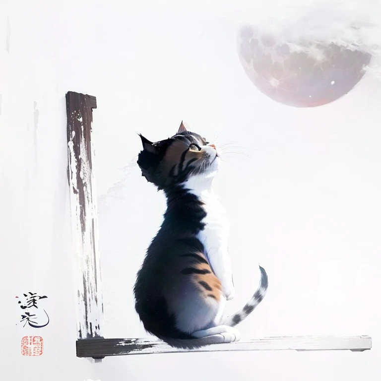 A painting of a cat sitting on a shelf looking at the moon, by Cui Bai, by Gai Qi, Miao Fu, Shin Saimdang, by Jihei Sugimura, by Hu Baoshi, Watanabe Kazan, by Cao Zhibai, by Ni Zan, Written by Lee Mi Soo, Written by Wang Lu