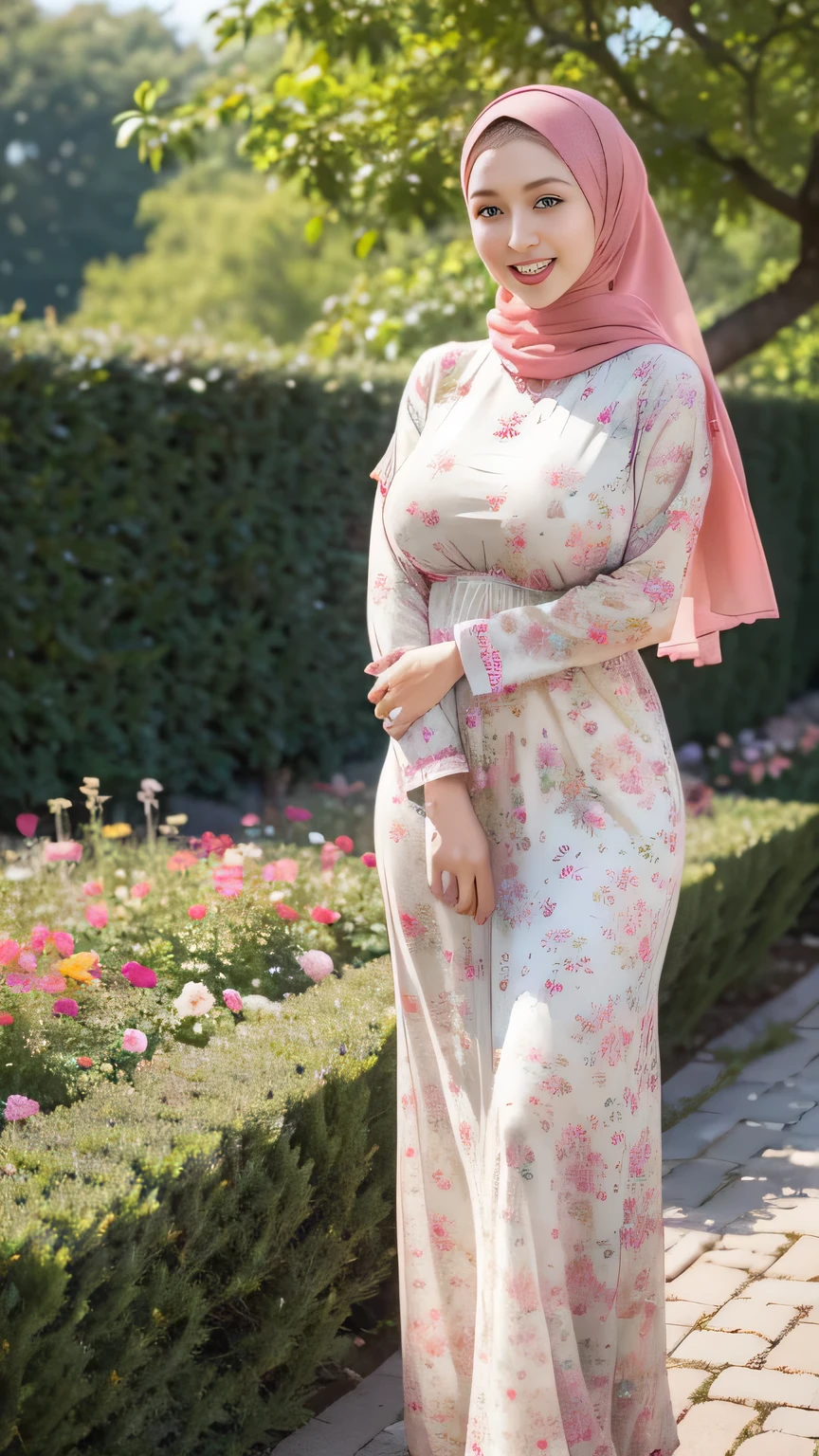 RAW, Best quality, high resolution, Masterpiece: 1.3), Beautiful Malay woman in hijab, Masterpiece, Perfect slim body, ((Big breasts)), Beautiful big eyes, water eyes, Soft smile, ((wearing tight red pastel floral malay gamis with closed hijab)), simple diamond necklace, ((closed clothes), ((polite clothes)), windy, skin details, skin texture details, wide hips, thick thighs, sexy body, morning time, laughing, happy, bright sunlight, flower garden path, blurred background, bokeh,