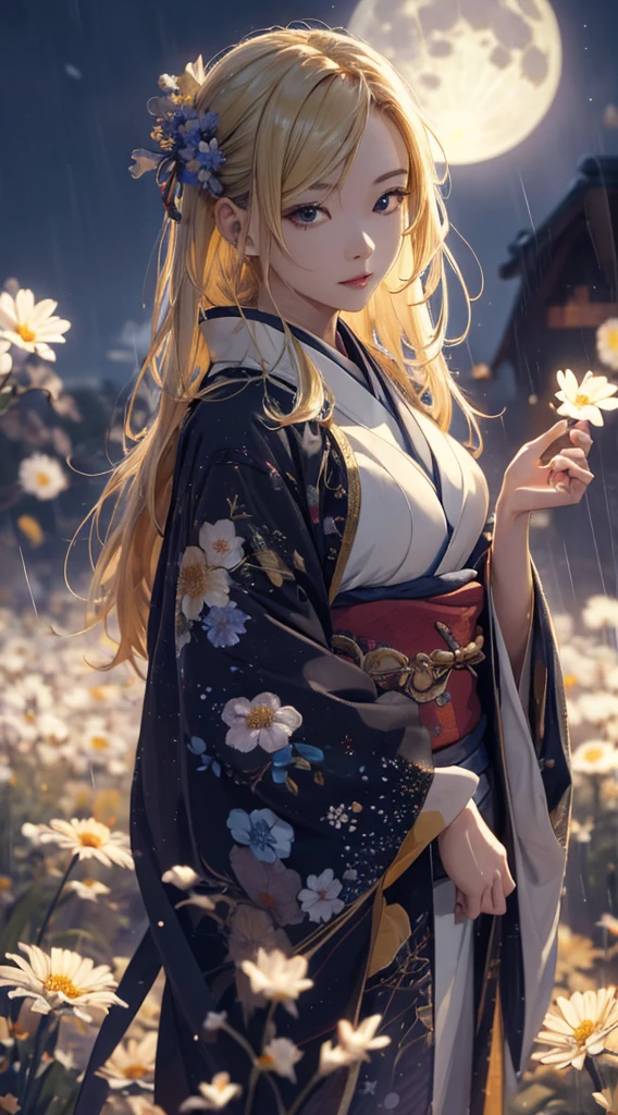 masterpiece, high quality, 4K, Beautiful design, silhouette，blonde， 非常に詳細な夜のStarry Sky,Flower Field， wonderful, Finer details,  Very knowledgeable woman, Highly detailed solo, 1 female,I like rumors，Big Breasts，kimono，Rainy night view，Starry Sky，full moon，