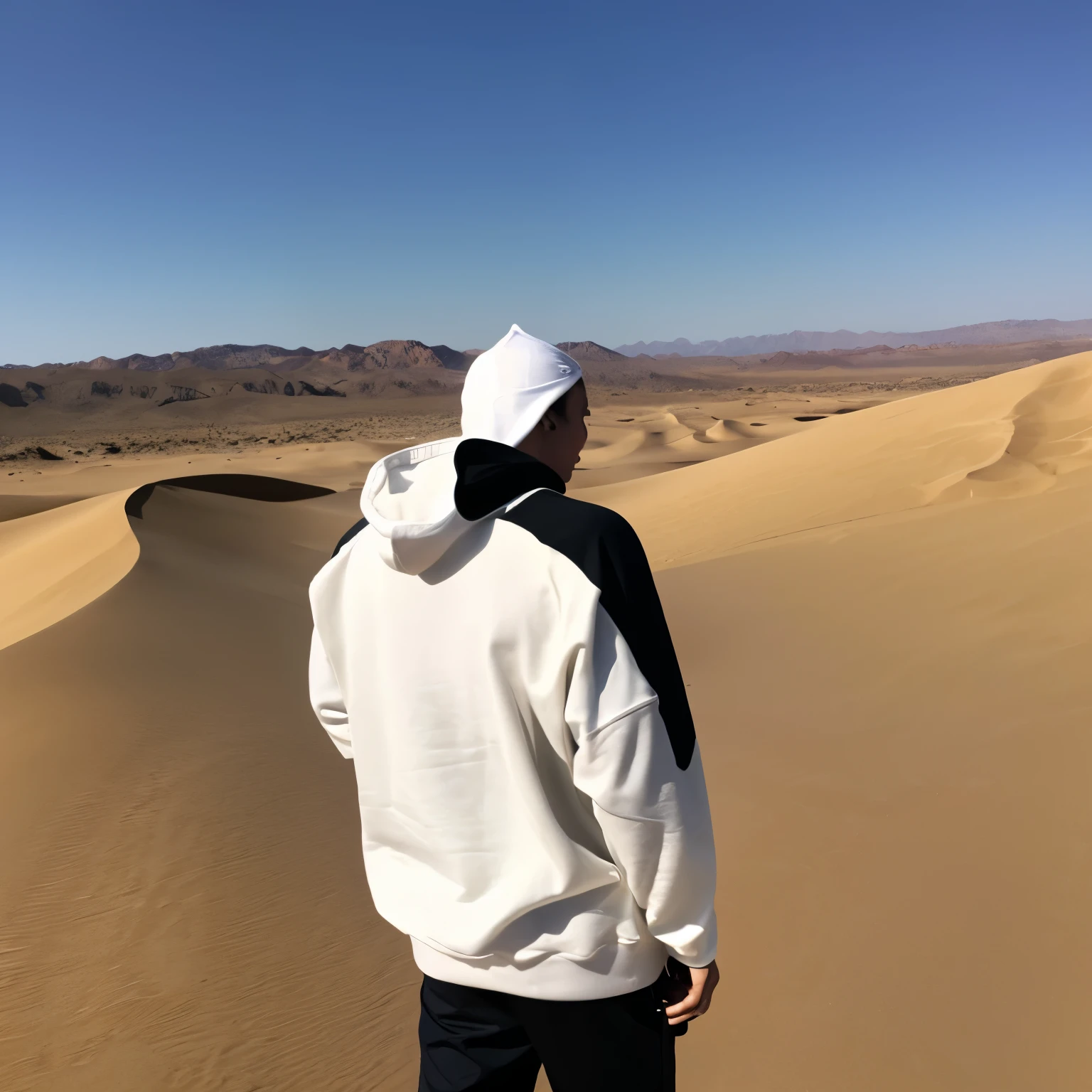 Back view of a man wearing a white hoodie and black pants in the desert
