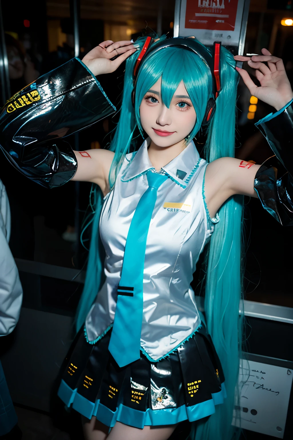 highest quality, masterpiece, Realistic, photoRealistic, One girl, alone,  Cowboy Shot, Hatsune Miku Cosplay costume, Hatsune Miku, Cosplay, Aqua Hair, Twin tails, Very long hair, hair ornaments, Headphones, headset, shirt, skirt, pleated skirt, tie, aqua tie, Removable sleeves, tattoo, Selfie