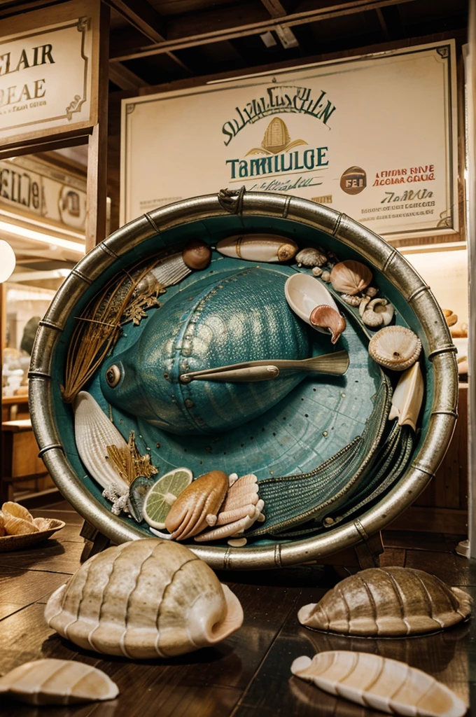 publicité vintage tradition coquillage age d'or , sea sea food ambiance fisherman's cabana, boutique d'huitres 1910, advertisement