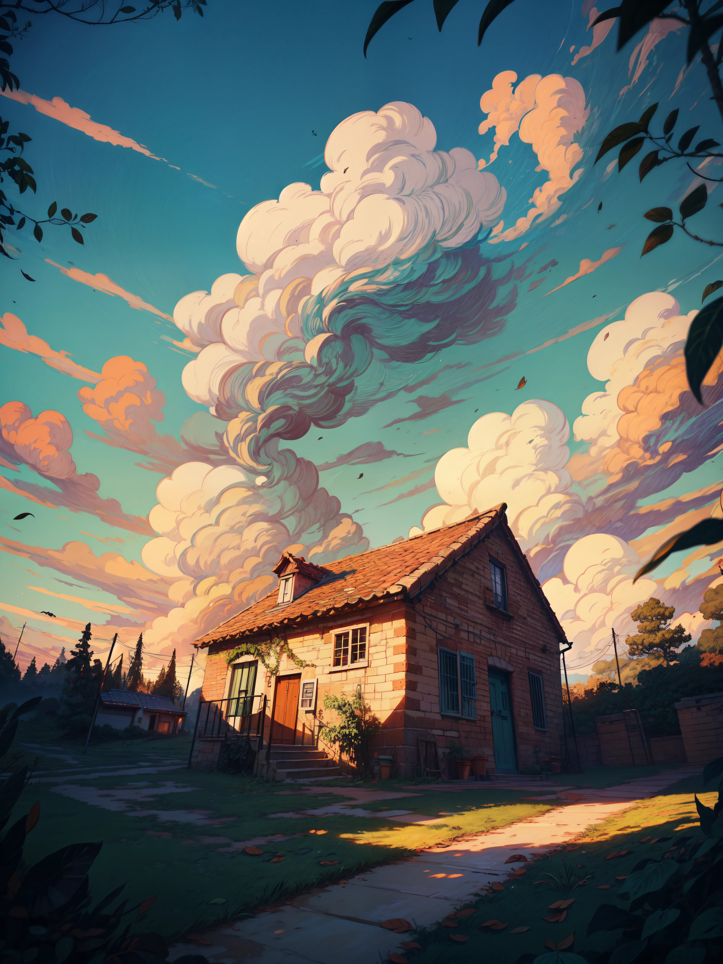 wide view, ((a brick making factory)), slanting roof, strairs, long grass, (spooky spirits in the sky), granite cliff, tropical vibe, leafless trees, dried leaves fallen, heap of leaves, vibrant tones, shining clouds, evening time, thick lines, cozy tones, beautiful sky, ghibli style, outdoors, cozy atmosphere, micro landscape, intrinsic details
